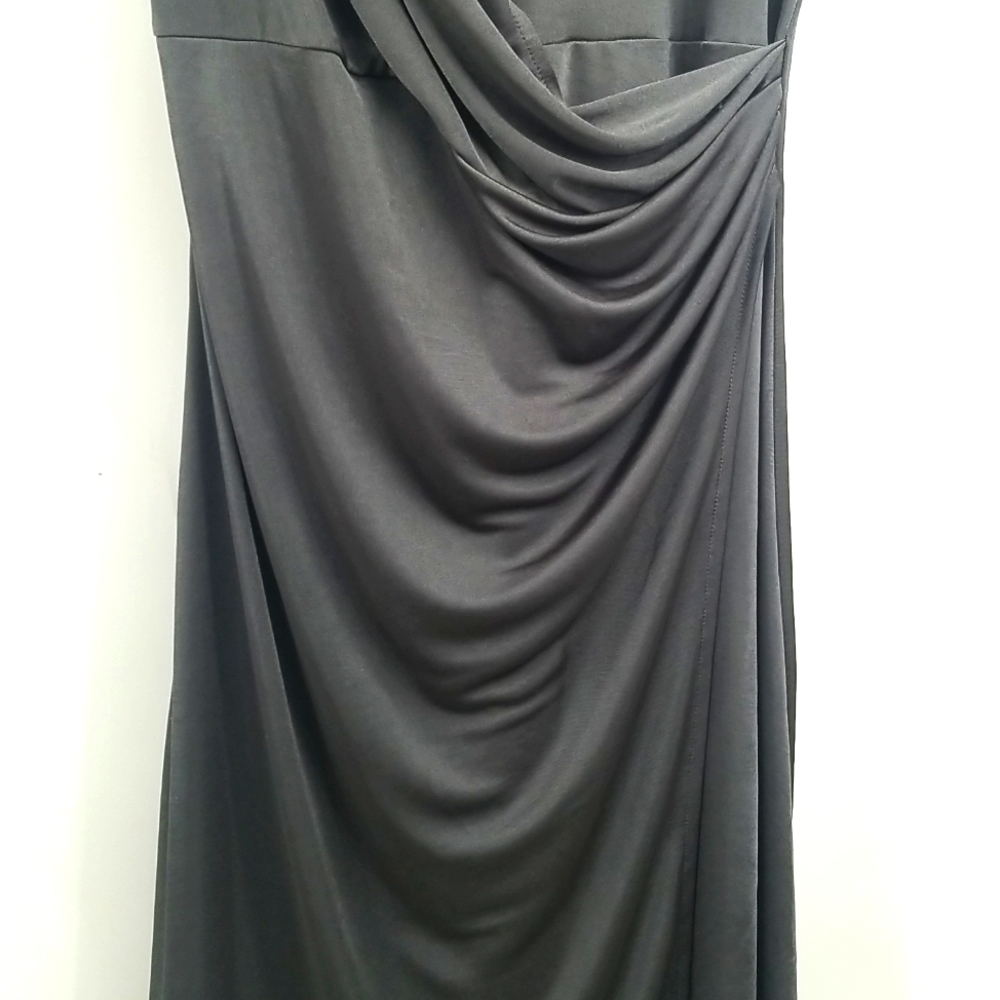 Express Gunmetal Gray Shoulder Pads Sleeveless Satiny Faux Wrap Rusched Dress - Picture 3 of 11